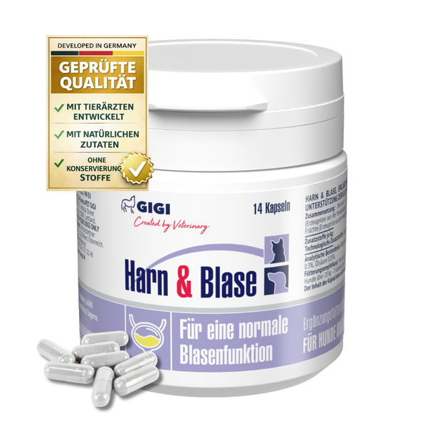 GIGI Harn & Blase Ergänzungsfuttermittel für Hunde und Katzen, 14 Kapseln für normale Blasenfunktion. Geprüfte Qualität mit natürlichen Zutaten.