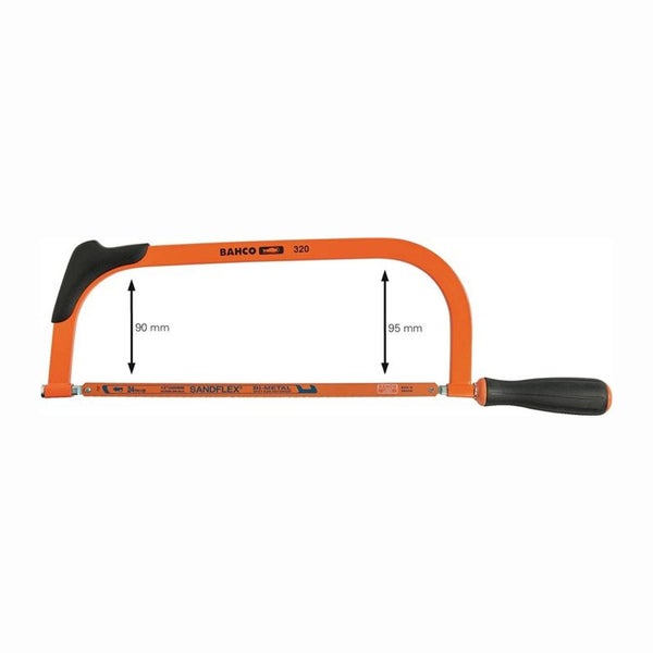 Bahco Metallsägebogen 320 mit Sandflex Bi-Metall-Sägeblatt, Schnitthöhe 90 Millimeter und 95 Millimeter.