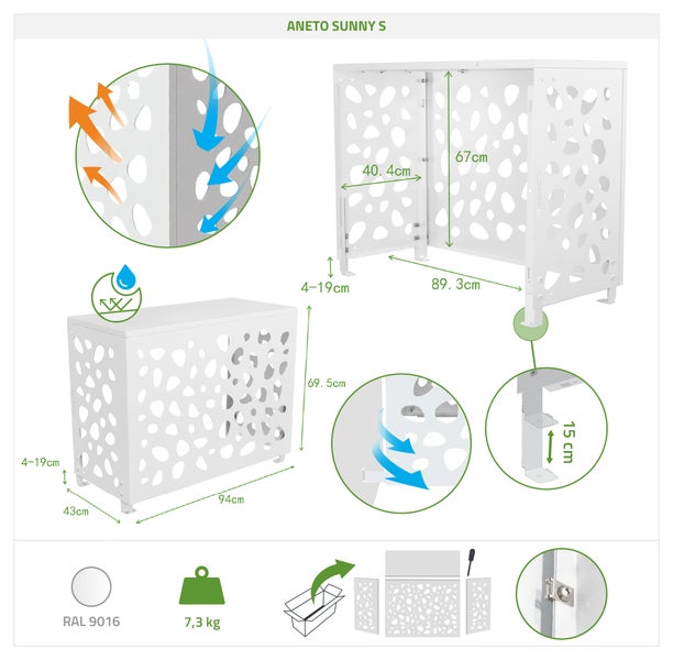 Aneto Sunny S Sichtschutz mit Abmessungen und technischen Details