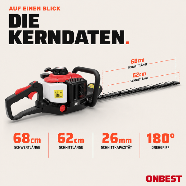 Benzin-Heckenschere: Schwertlänge 68 Zentimeter, Schnittlänge 62 Zentimeter, Schnittkapazität 26 Millimeter, 180 Grad Drehgriff. ONBEST Logo.