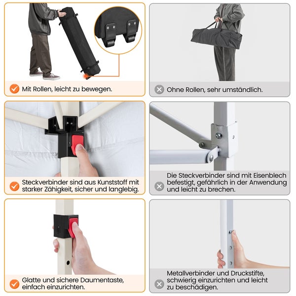 Details eines Pavillons: Transport mit Rollen, Kunststoffverbinder, Daumentaste