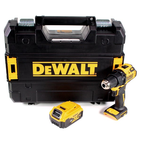 DeWALT Akku-Bohrschrauber Set in Gelb und Schwarz mit schwarzem Transportkoffer und einem 18 Volt Akku.