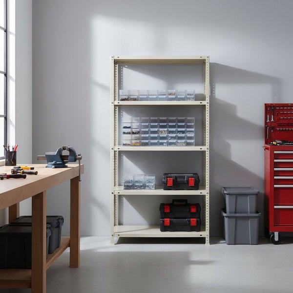Beiges Metallregal mit Kleinteilemagazinen und Werkzeugkoffern in einer Werkstatt neben einer Holzwerkbank und einem roten Werkstattwagen.