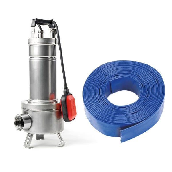 Edelstahl Tauchpumpe mit Schwimmerschalter und blauem Feuerwehrschlauch