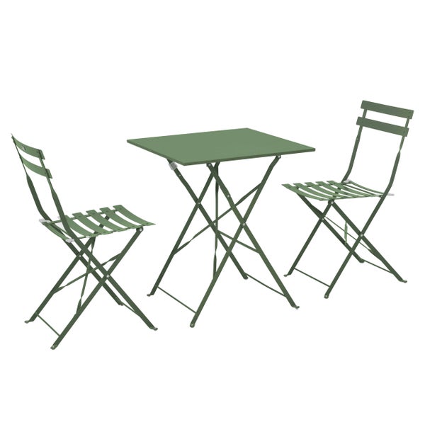 Dreiteilige Balkon-Sitzgruppe aus Metall in Grün mit klappbarem quadratischem Tisch und zwei Klappstühlen.