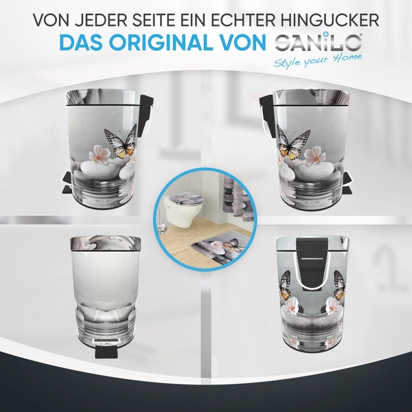 Verschiedene Ansichten eines Badezimmersets mit Dekorelementen von Schmetterlingen und Steinen