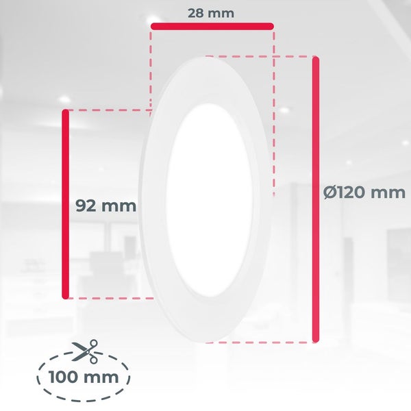 Runde LED-Einbauleuchte: Durchmesser 120 Millimeter, Innenmaß 92 Millimeter, Einbautiefe 28 Millimeter, Lochausschnitt 100 Millimeter.