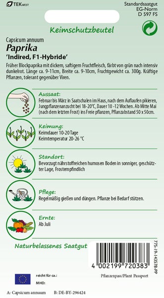 Paprika Saatgut Indired F1 Hybride im Keimschutzbeutel