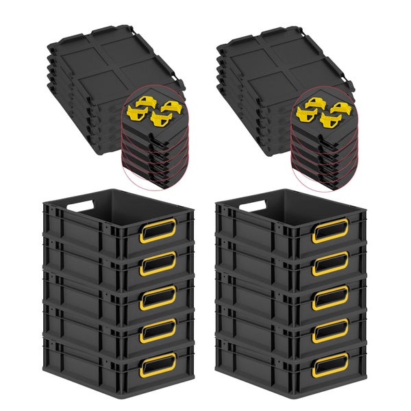 PROREGAL SparSet 10x Eurobox NextGen Color mit Auflagedeckel und Schiebeschnappverschlüsse, HxBxT 12x30x40cm, 11 Liter, Schwarz, Griffe gelb offen, Eurobehälter, Transportbox, Transportbehälter, Stapelbehälter