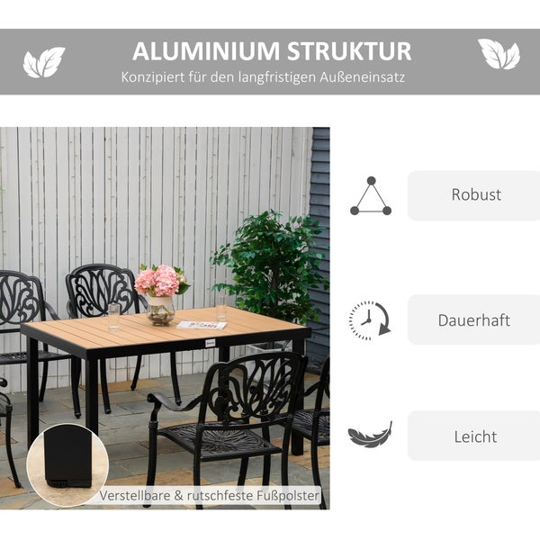 Vielseitiger Gartentisch mit dunklem Gestell und Holzoptik-Platte in Szenen wie Gartenfest, Buffet, Spieleabend und Lounge.
