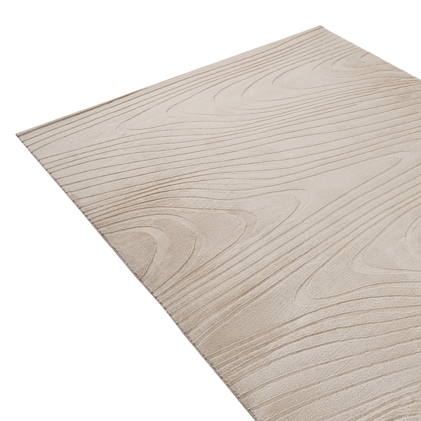Rechteckiger Teppich mit strukturierter Holzmaserung und Relief-Optik.
