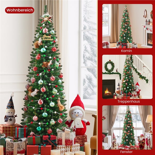 Dekorierter Weihnachtsbaum in Wohnbereich, Kaminzimmer, Treppenhaus und Fensteransicht.