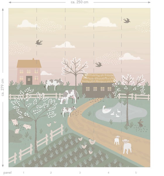 Illustration einer ländlichen Szene mit Tieren und Bauernhäusern als Wandbild