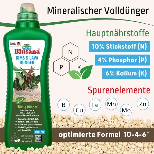 Blusana Bims & Lava Flüssigdünger NPK 10-4-6 Spezialdünger für mineralische Pflanzsubstrate und Gestein 1l Pflanzendünger für Grünpflanzen Kräuter Obst Gemüse Hydrokultur