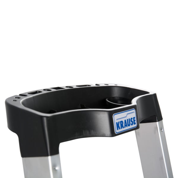 Detailansicht einer Leiter mit Ablageschale und Krause Logo