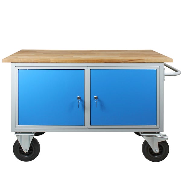 PROREGAL Mobile Werkbank Rhino mit 2 Türen HxBxT 83 x 130 x 60 cm Traglast 500 kg Lichtgrau Blau