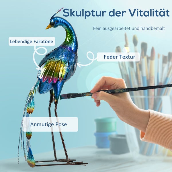 Outsunny Gartenstatue Pfau, Gartenfigur, wetterbeständig, für Balkon, Terrasse, Stahl, 59 cm, Bunt
