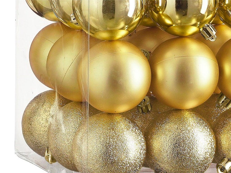 Set mit Christbaumkugeln in verschiedenen Oberflächenstrukturen in Kunststoffverpackung