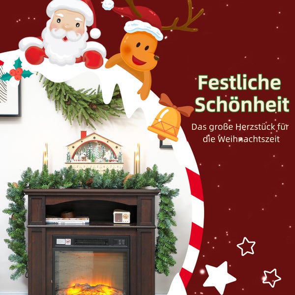 Elektrischer Kamin aus dunklem Holz mit Weihnachtsdekoration wie Tannengirlande, Zapfen, Kerzen und einem Adventskalender aus Holz.