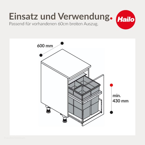 Isometrische Zeichnung eines Hailo Abfalltrennsystems im 600 Millimeter breiten Küchenschrank mit 430 Millimeter Mindesthöhe. Hailo Logo.