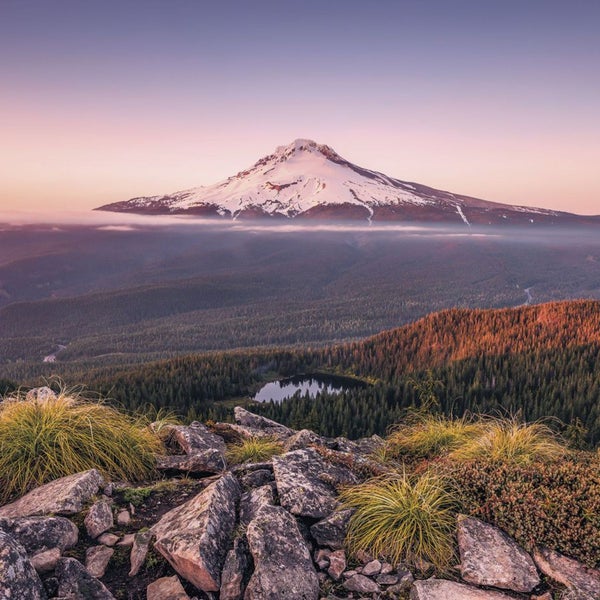 Landschaft mit bewaldeten Bergen, einem See und einem schneebedeckten Berggipfel