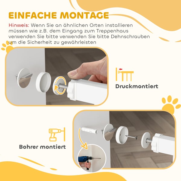 Infografik zur Montage eines Schutzgitters: Wahlweise Druckmontage ohne Bohren oder feste Montage mit Bohrer, Schrauben und Dübeln.