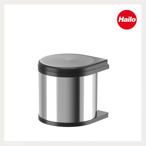 Hailo Einbaumülleimer aus Edelstahl und Kunststoff mit Deckel. Hailo Logo.