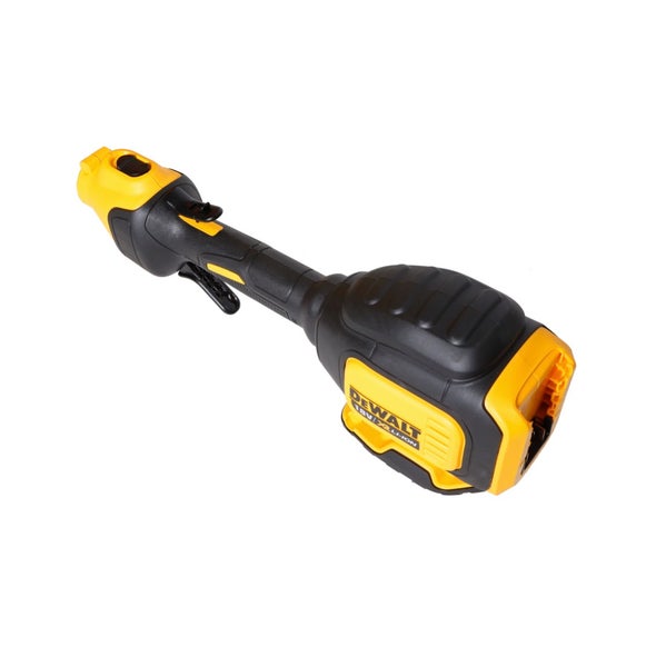 DeWalt 18 Volt Akku-Antriebseinheit für Gartengeräte in Gelb und Schwarz mit ergonomischem Handgriff und Schalter.