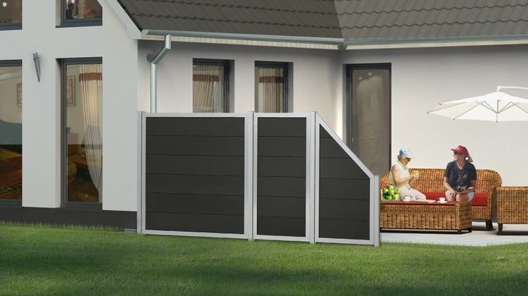 GartenLand WPC Zaun Set Classico ca. 90 x 180 cm Sichtschutz Anthrazit mit Rahmen Aluminium Silber Ohne Pfosten