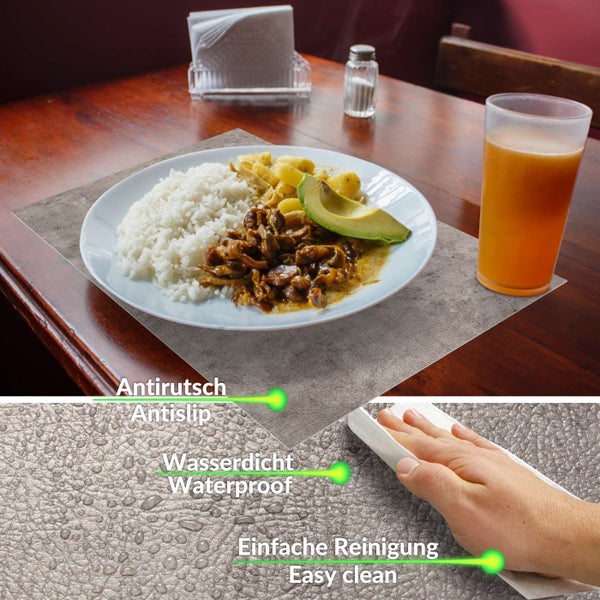 Strukturiertes Platzset auf einem Holztisch mit einem Teller Essen, hervorgehobene Merkmale: rutschfest, wasserdicht und leicht zu reinigen.