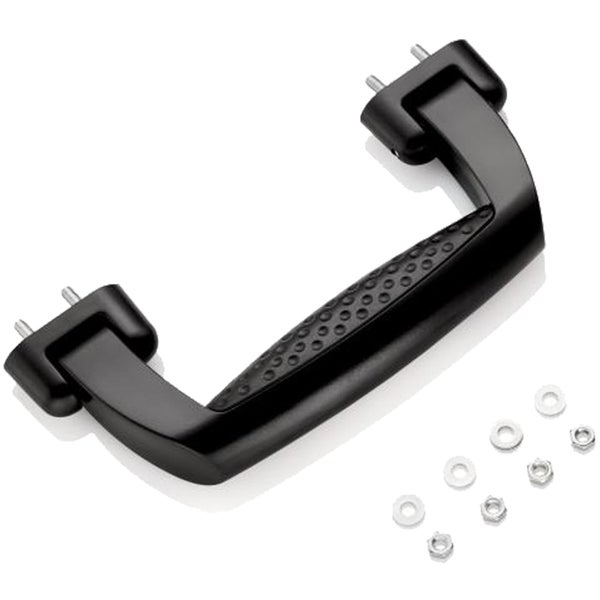 Schwarzer klappbarer Tragegriff aus Kunststoff mit profilierter Grifffläche inklusive Muttern und Unterlegscheiben.