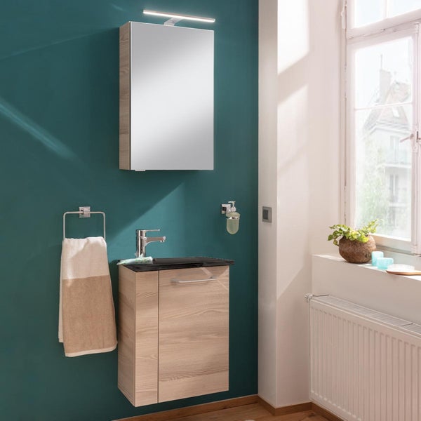 Fackelmann B.CLEVER Gäste-WC Set 2 Teile – Waschtischunterschrank in Holz Braun mit Waschbecken aus Glas in Anthrazit – SBC Waschbeckenunterschrank schmal – Türanschlag rechts – 45 cm breit