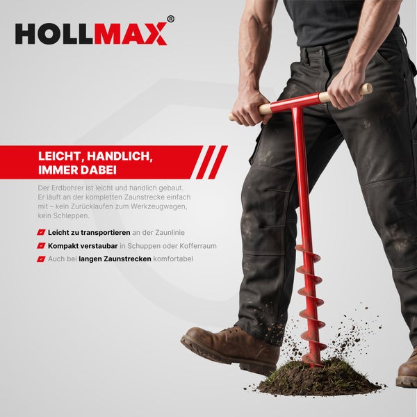 Hollmax Hand-Erdbohrer mit Holzgriffen für einfache Erdlochbohrungen im Garten, ergonomisch und kompakt für Zaunbau und Pflanzarbeiten.