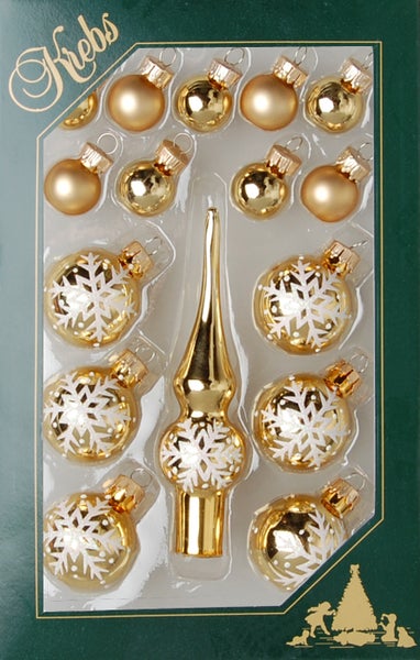 Gold Mini-Dekoset aus Glas, 2cm, 3cm Kugeln, 12cm Spitze, handdekoriert, 16 Stck., Weihnachtsbaumkugeln, Christbaumschmuck, Weihnachtsbaumanhänger