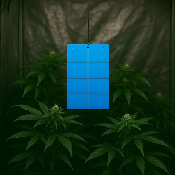 Blaue Leimtafel zur Bekämpfung von Schädlingen wie Thripsen, hängend über grünen Pflanzen.