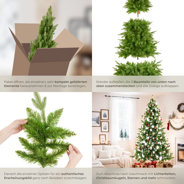 Anleitung zur Montage eines künstlichen Weihnachtsbaums in vier Schritten von der Lieferung bis zum geschmückten Baum im Wohnzimmer.