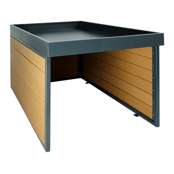 Mähroboter-Garage aus Holz und Metall mit bepflanzbarem Dach.