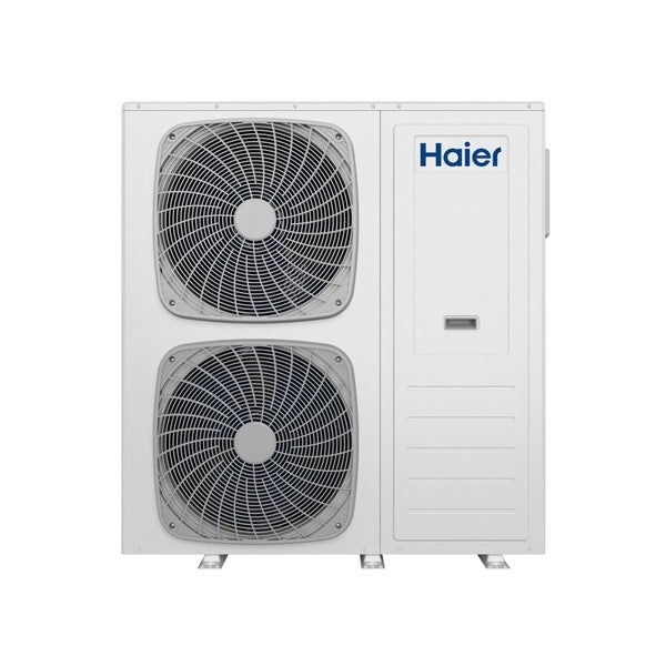 Weißes Haier Außengerät für Klimaanlage oder Wärmepumpe mit zwei Ventilatoren. Haier Logo.