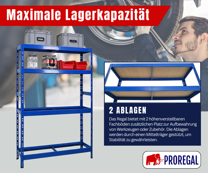Blaues Metallregal von Proregal in einer hellen Werkstatt, vier Ebenen mit zwei verstellbaren Fachböden, organisiert, Proregal Logo.