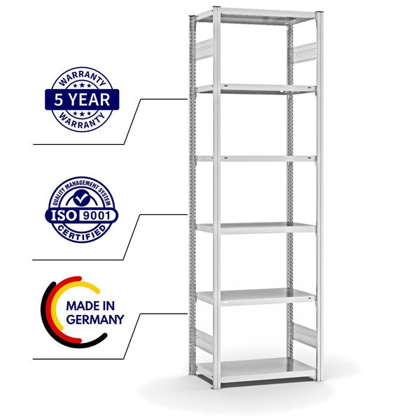 PROREGAL Fachbodenregal Stecksystem T-Profil Light-Duty Grundregal HxBxT 250 x 75 x 40 cm 6 Ebenen Fachlast 145 kg Beidseitig Nutzbar Lichtgrau