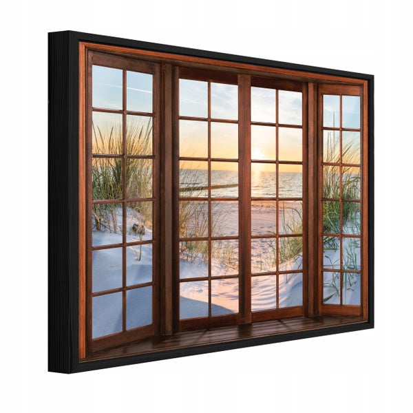 Wandbild mit Fensterrahmen Optik und Motiv eines Strandausblicks bei Sonnenuntergang für eine dekorative Wandgestaltung