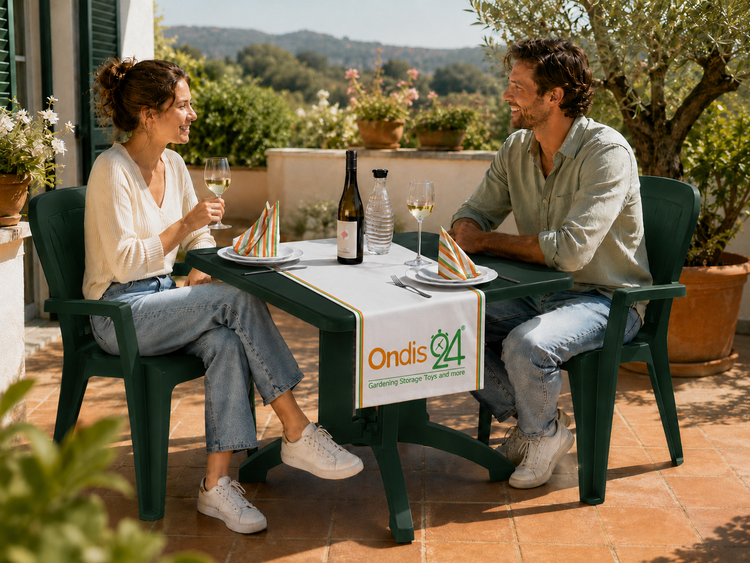 Zwei Personen an einer Sitzgruppe aus grünem Kunststoff bestehend aus einem quadratischen Tisch und zwei Gartenstühlen auf einer sonnigen Terrasse.
