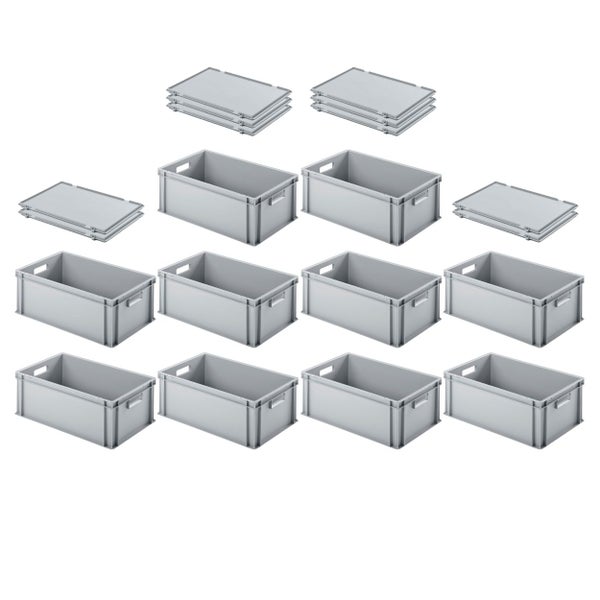 PROREGAL SuperSparSet 10x Eurobehälter mit Offenem Griff und Scharnierdeckel HxBxT 22 x 40 x 60 cm 38 Liter Grau Eurobox Transportbox