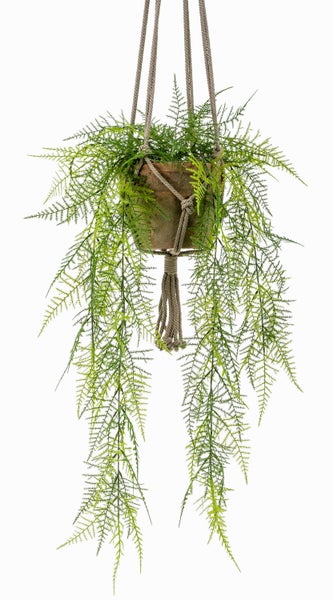 Künstliche Hängepflanze Farn im Tontopf mit Seilaufhängung.