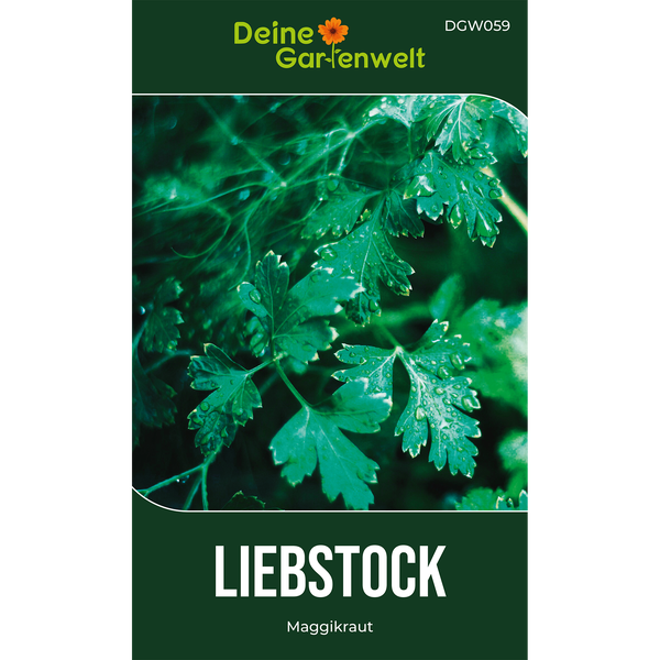 Samentüte Liebstöckel Maggikraut von Deine Gartenwelt mit Nahaufnahme von Blättern mit Wassertropfen