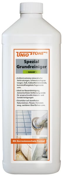 Weißer Kunststoffbehälter mit Unio Stone Spezial Grundreiniger sauer zur Entfernung von Kalk und Zementschleier.