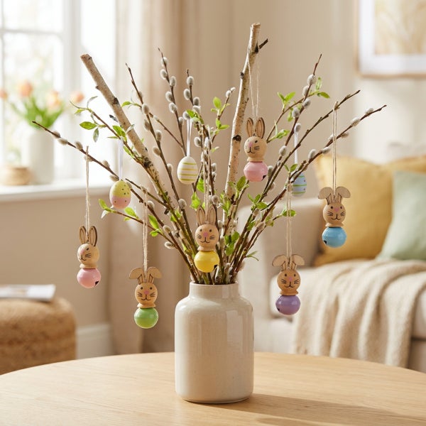 Osterstrauß aus Weidenzweigen in einer Vase mit hängenden Dekofiguren in Form von Hasen mit Glocken und Ostereiern als festliche Tischdekoration.