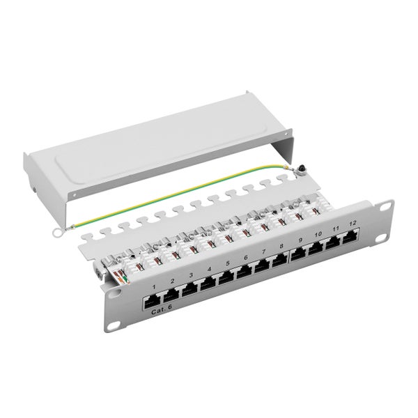 ProfiPatch Patchpanel Patchfeld Cat.6 10 Zoll 12-Port geschirmt RJ45 Rackeinbau 1HE grau