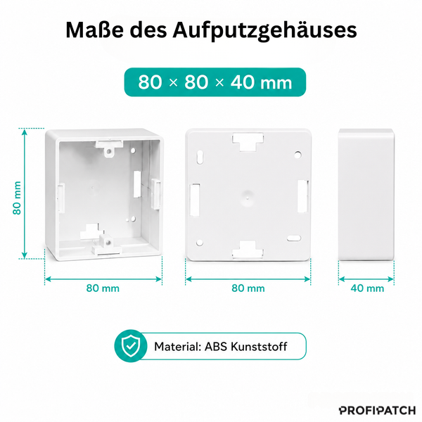 Maße des Aufputzgehäuses aus ABS-Kunststoff: 80 mal 80 mal 40 Millimeter, dargestellt aus drei Perspektiven mit Maßlinien.