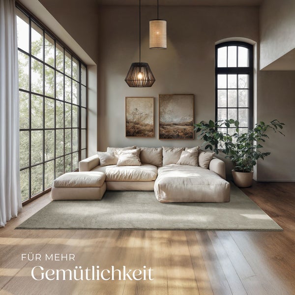 Helles Wohnzimmer mit großem Ecksofa, Teppich, zwei Pendelleuchten und großen Fenstern. Wandbilder und eine Zimmerpflanze ergänzen die Einrichtung.